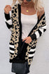 Stripe Sleeve Leopard Print Open Front Cardigan With Pockets